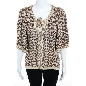 TRACY REESE Brown Beige Cotton Geometric Print 3/4 Sleeve Cardigan Sz P